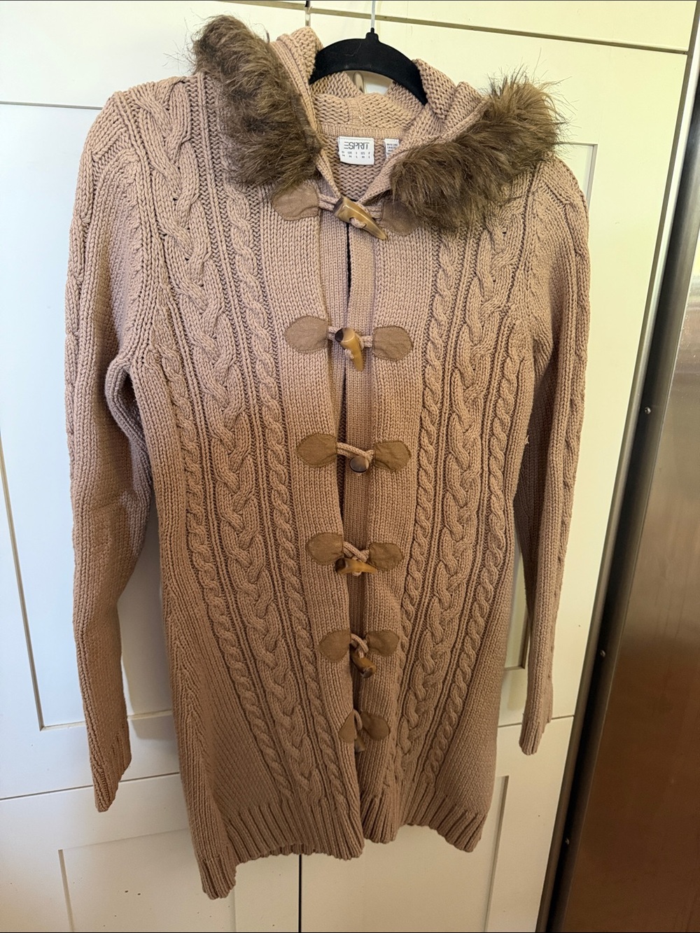 Esprit Women's Cable Knit Toggle Cardigan with Faux Fur Hood - Size US Medium